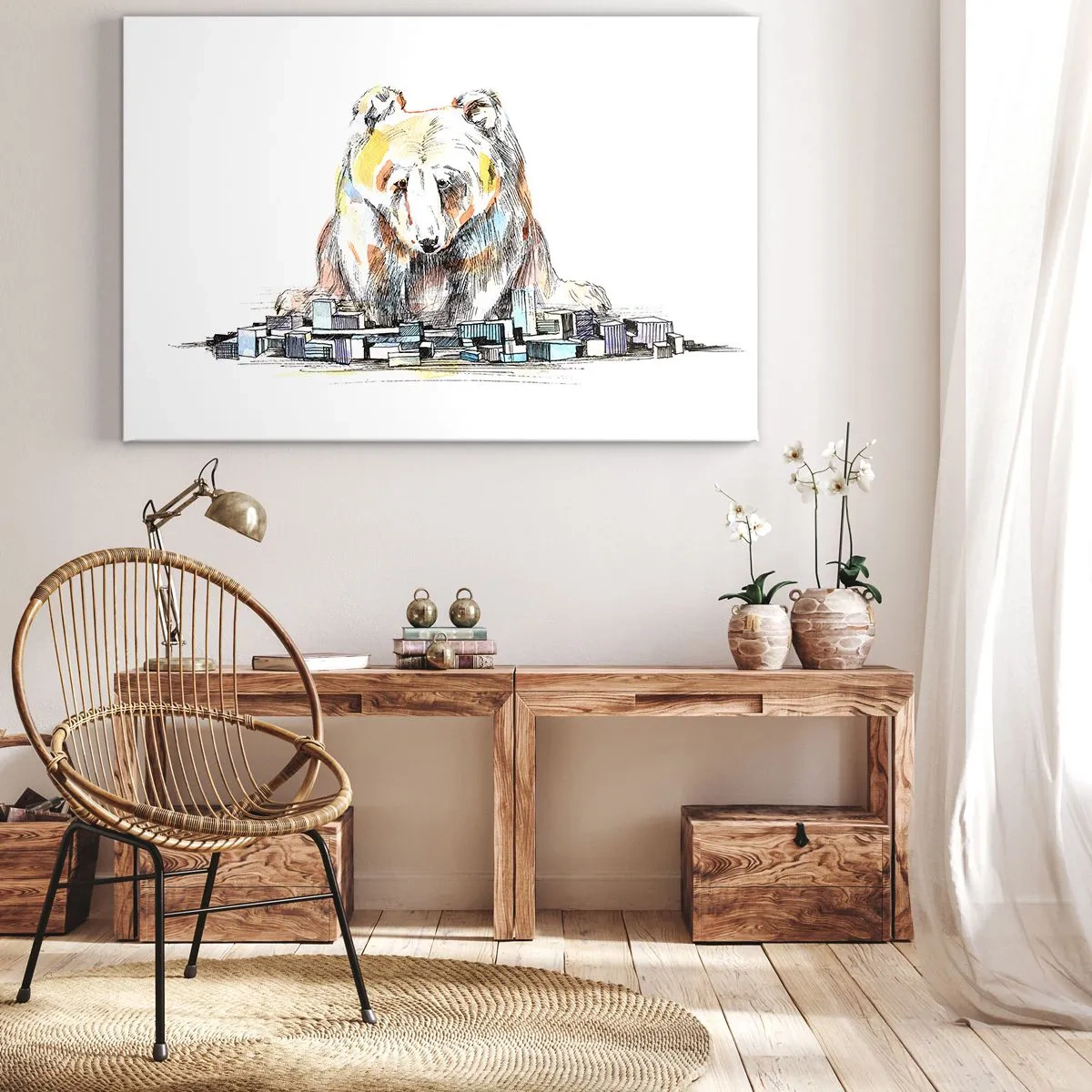 Lærredstryk - Billede på lærred - Illustration af en bjørn med farverige detaljer og klodser - 70x50cm - Hvordan kan man leve på den måde? - Moderne vægdekoration til stue og soveværelse ARTTOR