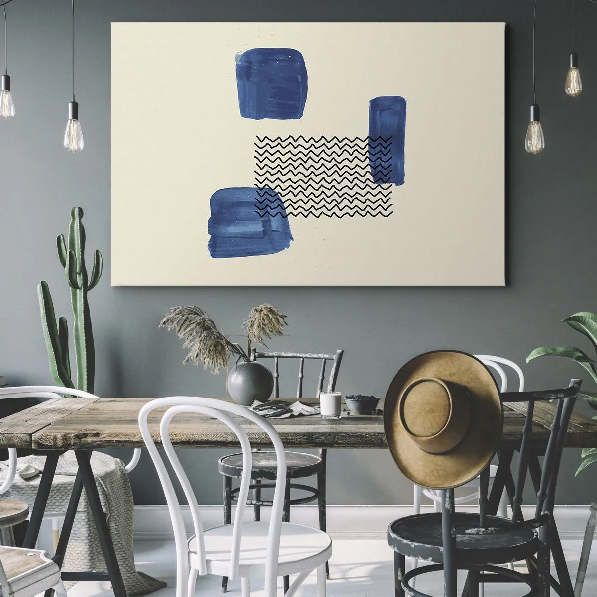 Lærredstryk - Billede på lærred - Abstrakt komposition med blå pletter og bølgede linjer - 70x50cm - Abstrakt kvartet - Moderne vægdekoration til stue og soveværelse ARTTOR