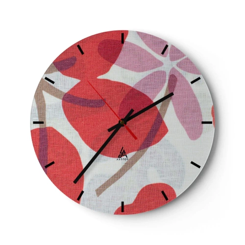 Vægur, Uret - Lyserøde og røde blade på en hvid baggrund med en linnedtekstur - 30x30cm - Blomsterkomposition i pink - Moderne vægdekoration til stue, køkken og soveværelse ARTTOR