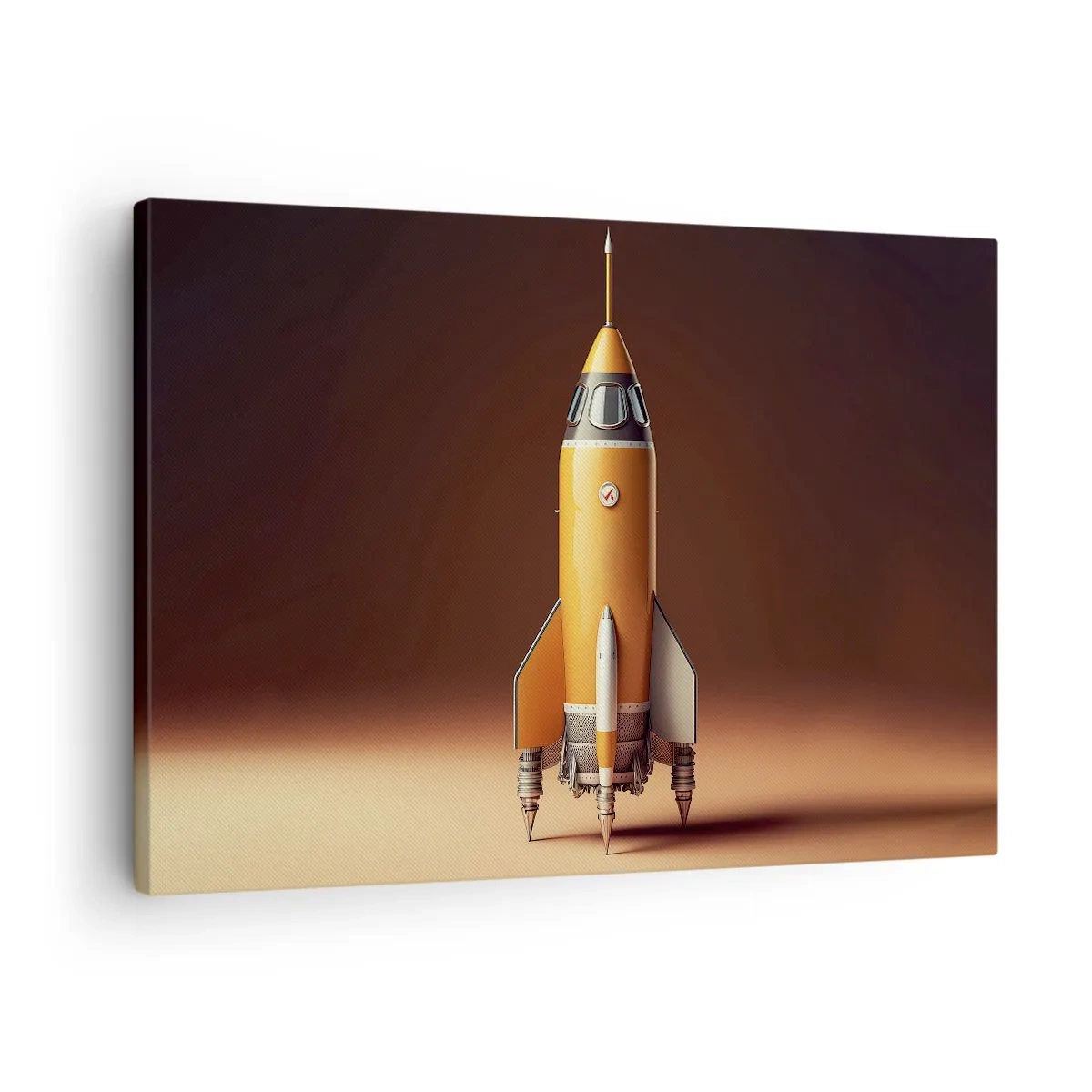 Lærredstryk - Billede på lærred - En raket i retrostil mod en baggrund af brune toner - 70x50cm - Det begynder med en drøm - Moderne vægdekoration til stue og soveværelse ARTTOR