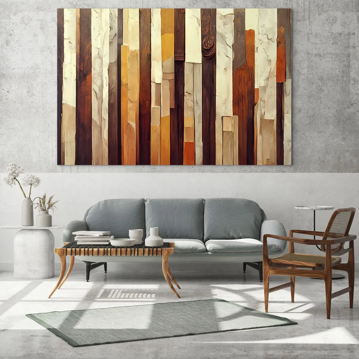 Billede på glas - En komposition af lodrette striber i nuancer af træ og beige - 70x50cm - Hymne af skovens træer - Moderne vægdekoration til stue og soveværelse ARTTOR