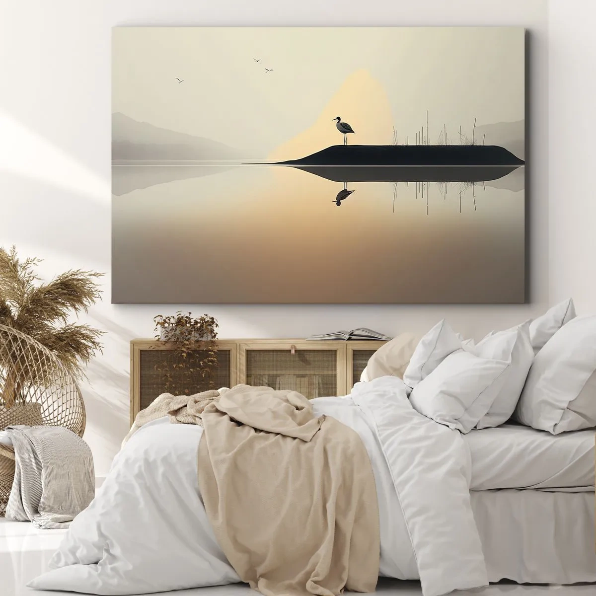 Lærredstryk - Billede på lærred - En fugl på en ø i en rolig sø med varme farver - 70x50cm - Herre på søen - Moderne vægdekoration til stue og soveværelse ARTTOR