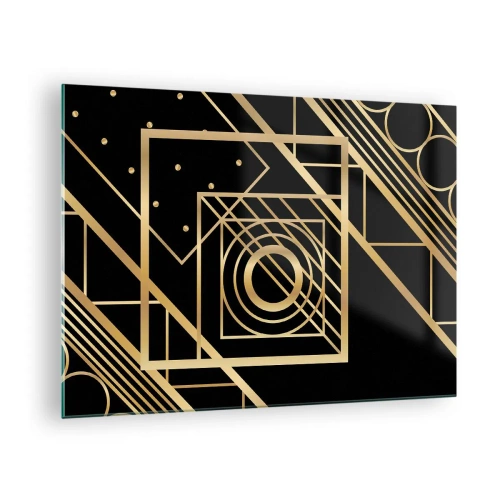 Billede på glas - Gyldne geometriske mønstre på en sort baggrund - 70x50cm - Gylden geometri - Moderne vægdekoration til stue og soveværelse ARTTOR
