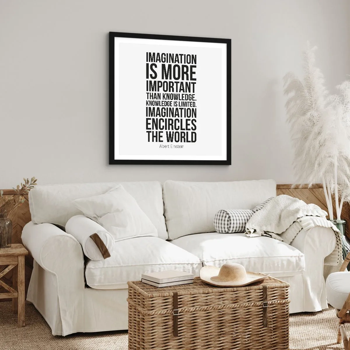 Plakat i sort ramme - Einstein om fantasiens kraft - 60x60 cm