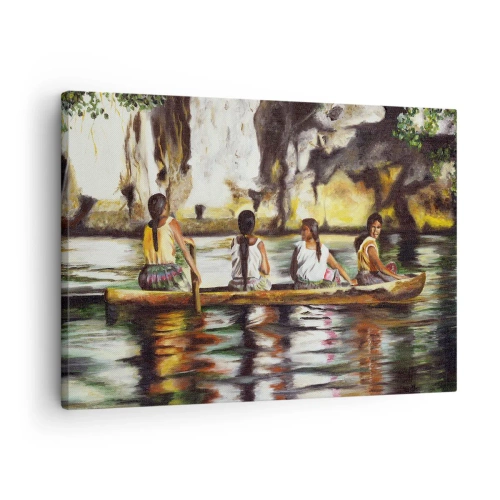 Lærredstryk - Billede på lærred - Kvinder i en båd på en rolig flod med en malerisk baggrund - 70x50cm - I et polynesisk paradis - Moderne vægdekoration til stue og soveværelse ARTTOR