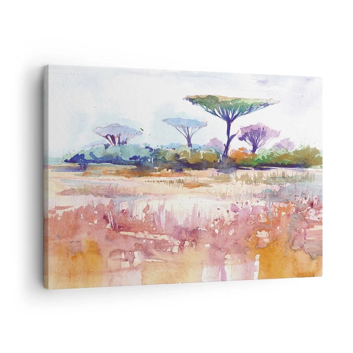 Lærredstryk - Billede på lærred - Et malerisk savannelandskab i akvarelfarver - 70x50cm - Savannens farver - Moderne vægdekoration til stue og soveværelse ARTTOR