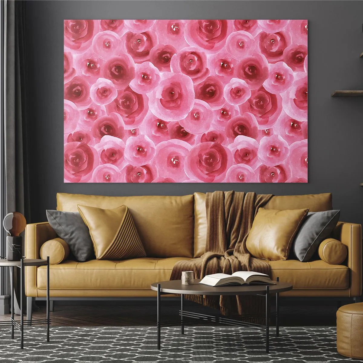 Billede på glas - Akvarel rosemønster i nuancer af rød og lyserød - 70x50cm - Roser under og over - Moderne vægdekoration til stue og soveværelse ARTTOR