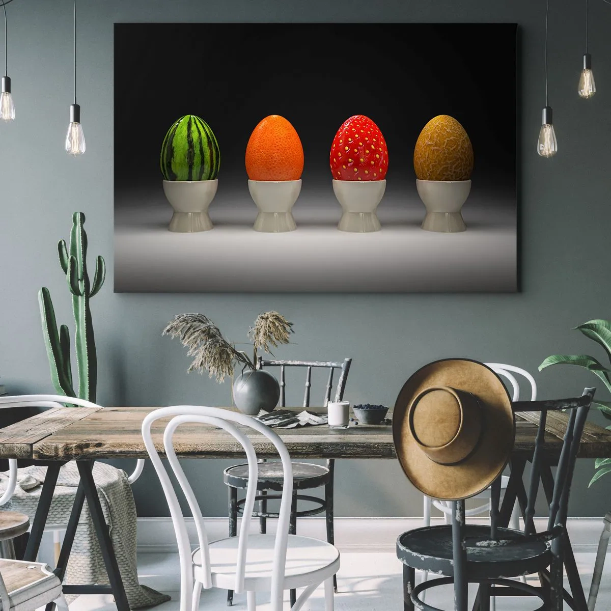 Lærredstryk - Billede på lærred - Farverige æg, der ligner frugt på en mørk baggrund - 70x50cm - Frugt morgenmad - Moderne vægdekoration til stue og soveværelse ARTTOR