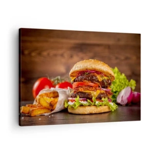 Lærredstryk - Billede på lærred - Lækker burger med ekstra tilbehør - 70x50cm - Forbudt frugt - Moderne vægdekoration til stue og soveværelse ARTTOR