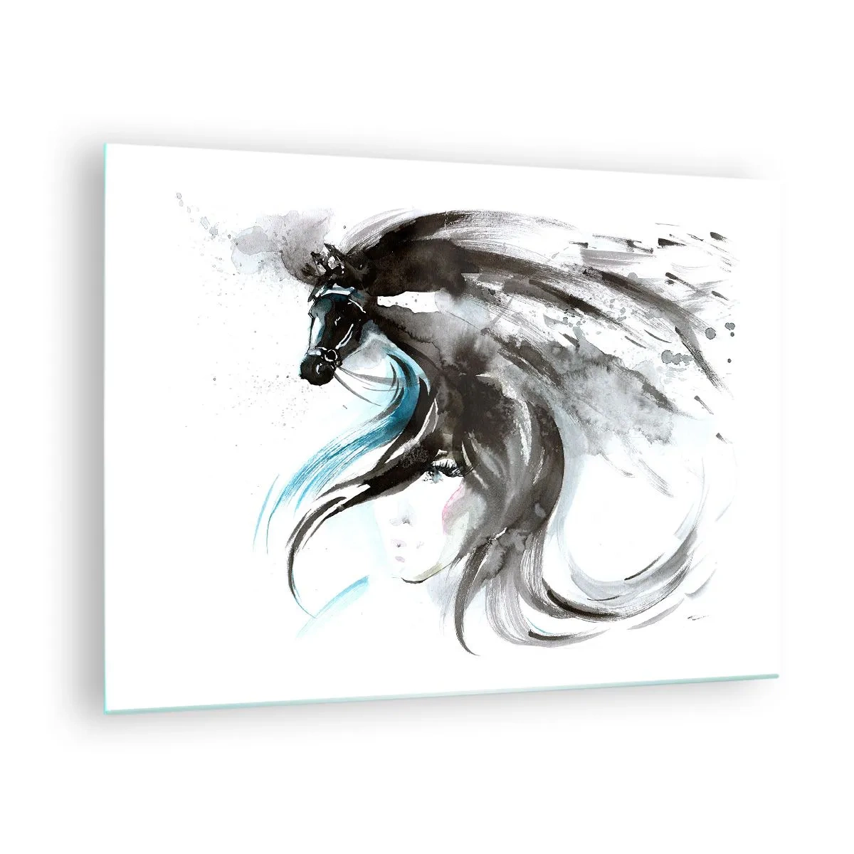 Billede på glas - Portræt af en kvinde og en hest i en kunstnerisk, dynamisk komposition - 70x50cm - Den sorte prins' galop - Moderne vægdekoration til stue og soveværelse ARTTOR