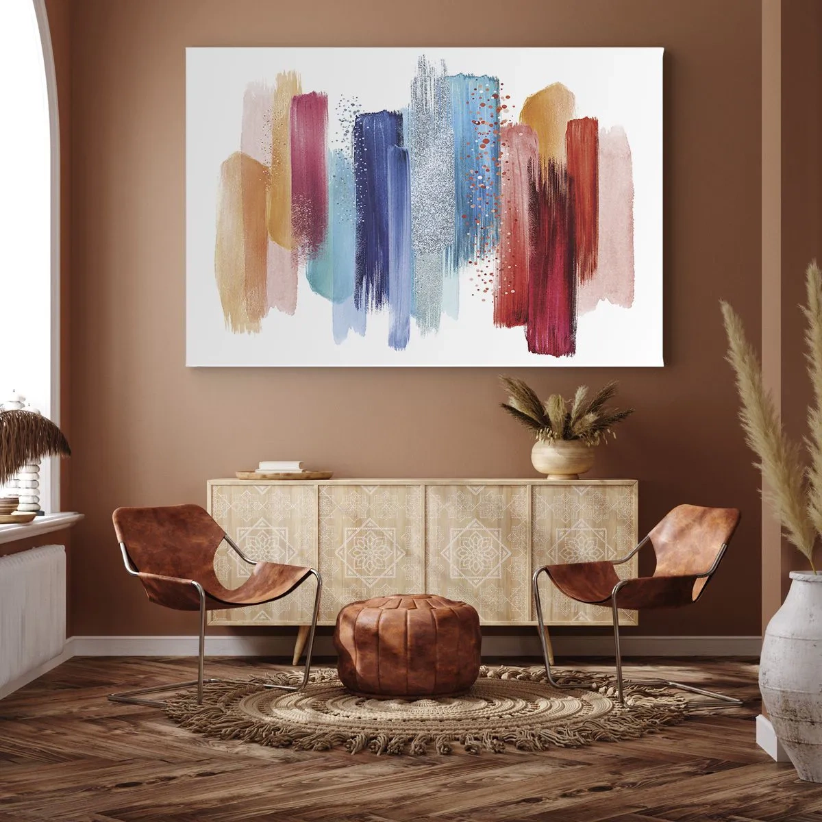 Lærredstryk - Billede på lærred - Farverige penselstrøg på en hvid baggrund - 70x50cm - Op og ned - Moderne vægdekoration til stue og soveværelse ARTTOR