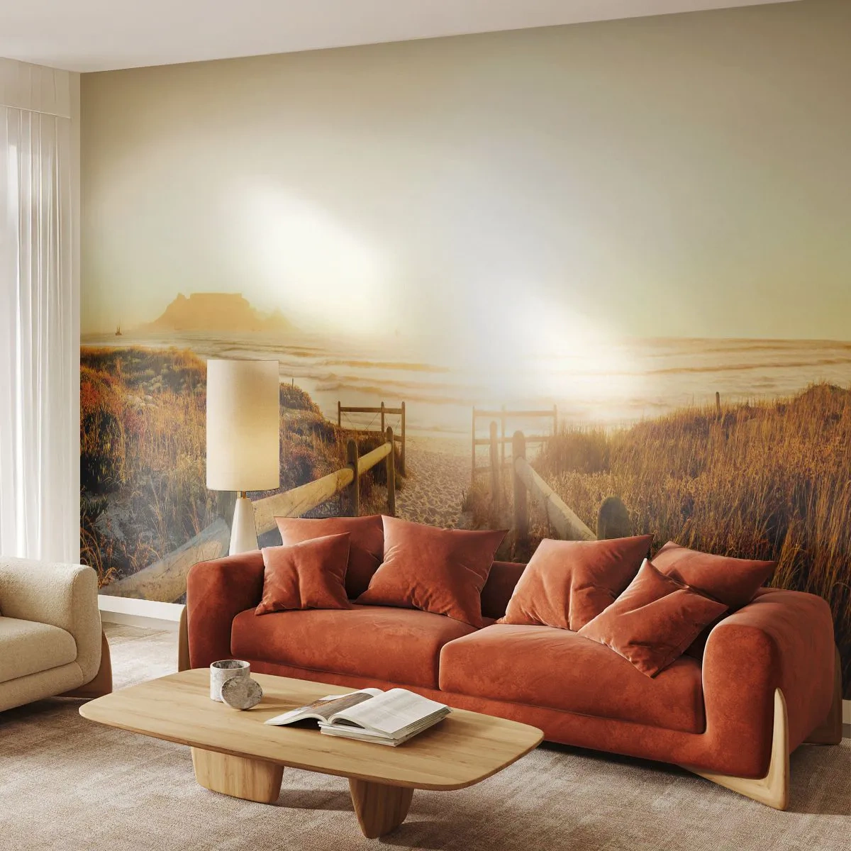 Fototapet Premium Sand - Over klitten, mod solen - Landskab, Strand, Solnedgang - 100x70 cm