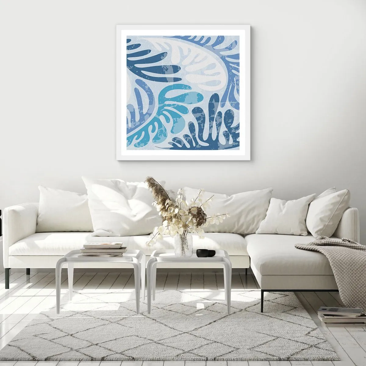 Plakat i hvid ramme - Blå bregner - 60x60 cm