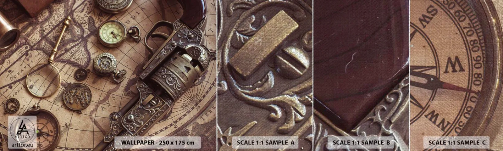 Prøve Fototapet Premium Canvas - Opkald til eventyr - Verdenskort, Kompas, Revolver - 100x30 cm