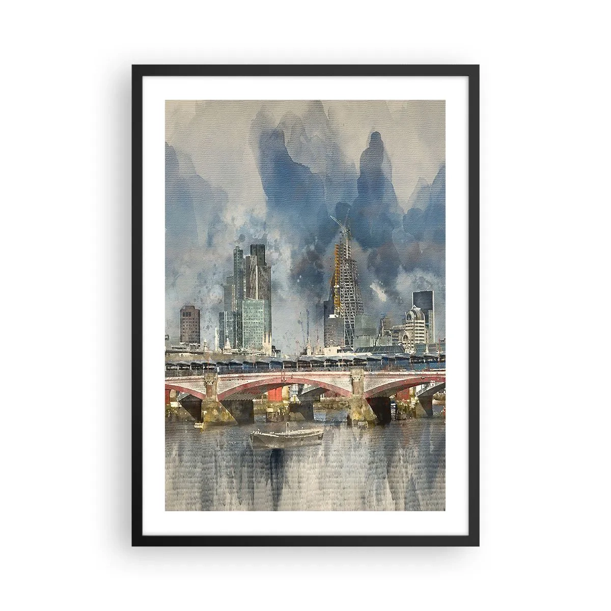 Plakat i sort ramme - Bylandskab med en bro og skyskrabere i baggrunden - 50x70cm - London i al sin pragt - Moderne vægdekoration til stue og soveværelse ARTTOR