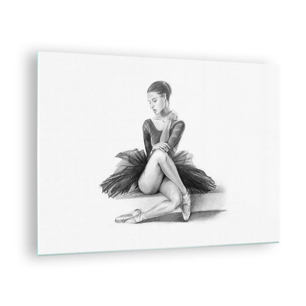 Billede på glas - Skitse af en ballerina i en sort kjole i en eftertænksom positur - 70x50cm - Fortryllet af dans - Moderne vægdekoration til stue og soveværelse ARTTOR