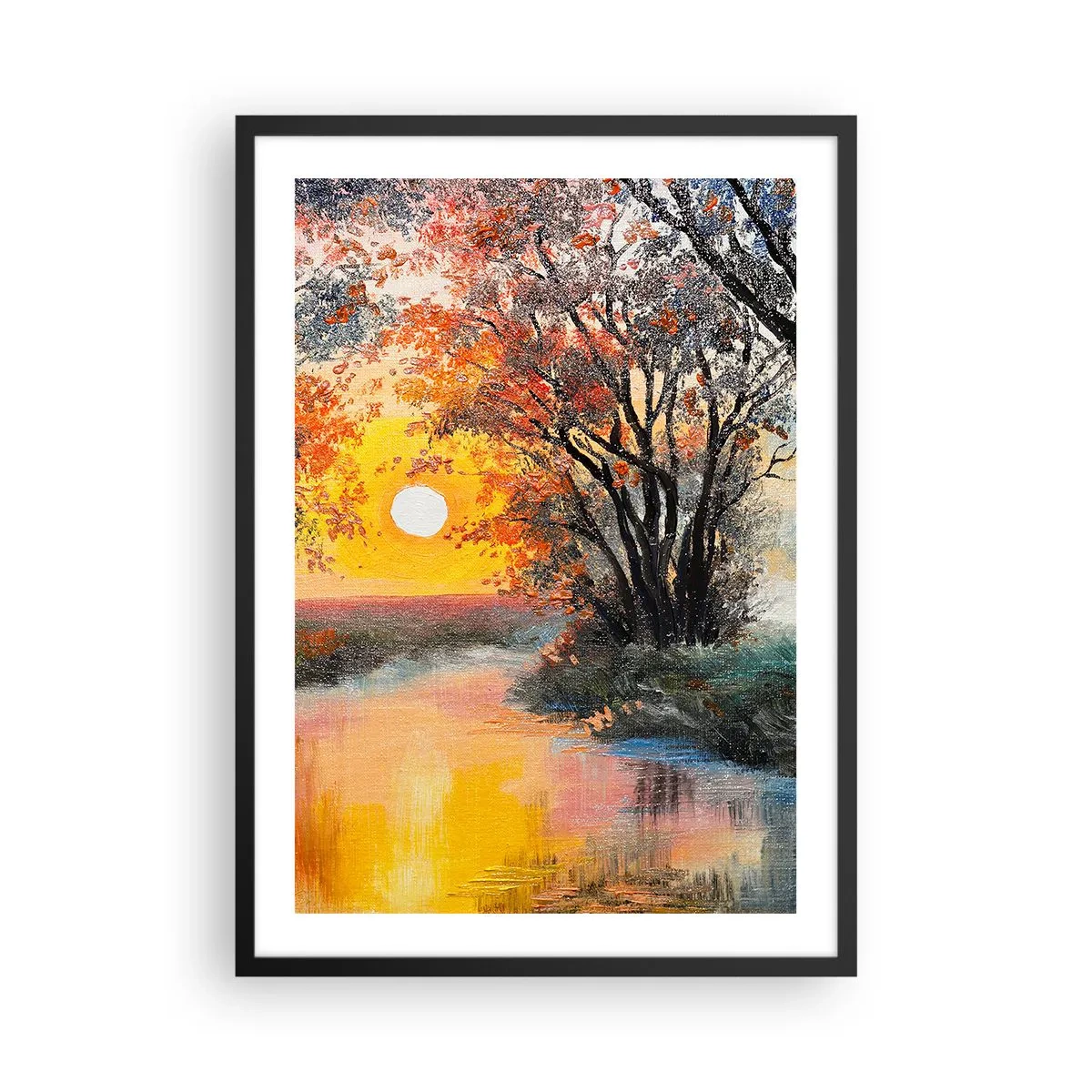 Plakat i sort ramme - Solnedgang over en flod med træer - 50x70cm - Efterårs atmosfære - Moderne vægdekoration til stue og soveværelse ARTTOR