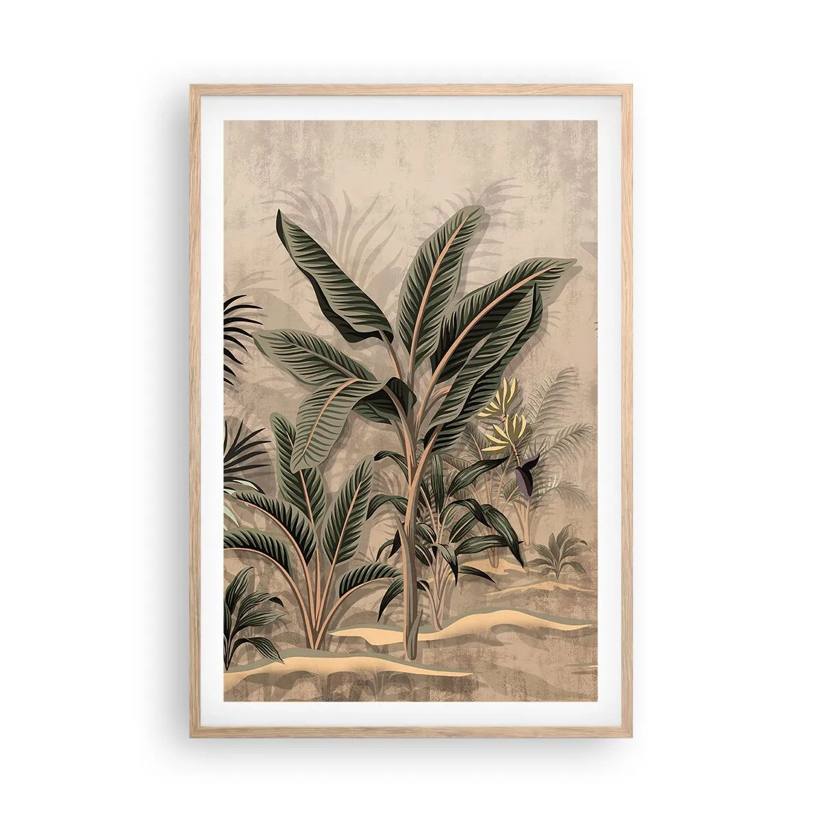 Plakat i ramme af lyst egetræ - Gravering i kolonistil - 61x91 cm