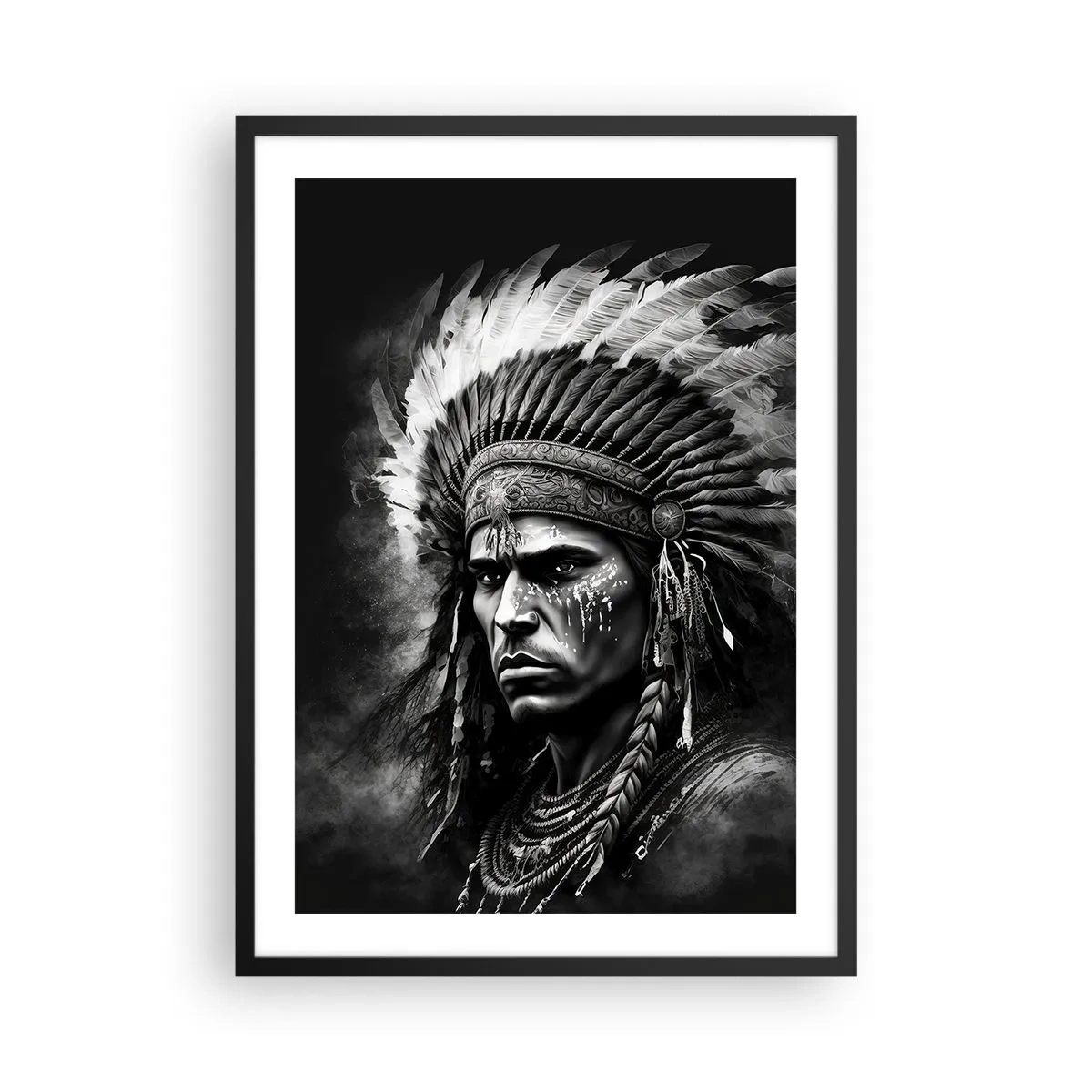 Plakat i sort ramme - Portræt af en kriger i traditionel fjerhovedbeklædning - 50x70cm - Leder og kriger - Moderne vægdekoration til stue og soveværelse ARTTOR