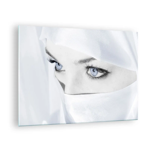 Billede på glas - Et diskret portræt med udtryksfulde blå øjne - 70x50cm - Lige fra tusind og en nat - Moderne vægdekoration til stue og soveværelse ARTTOR