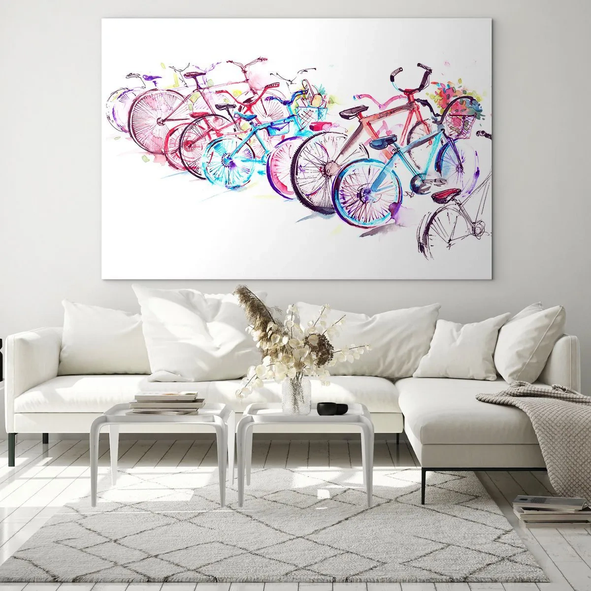 Billede på glas - Farverige cykler i akvarelstil - 70x50cm - Antimoto klubmøde - Moderne vægdekoration til stue og soveværelse ARTTOR