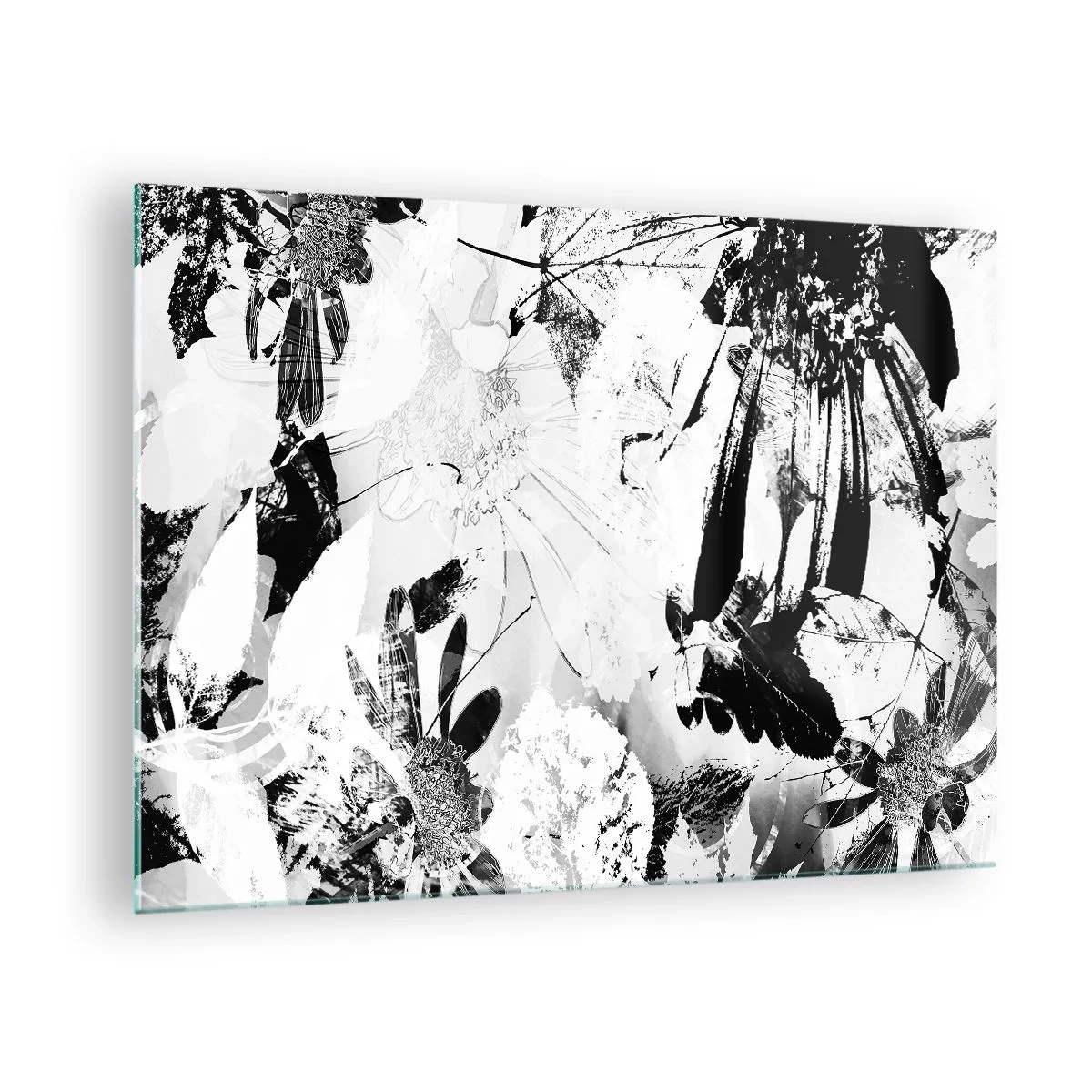 Billede på glas - Sort-hvid blomsterarrangement i kunstnerisk stil - 70x50cm - Efterår i det negative - Moderne vægdekoration til stue og soveværelse ARTTOR