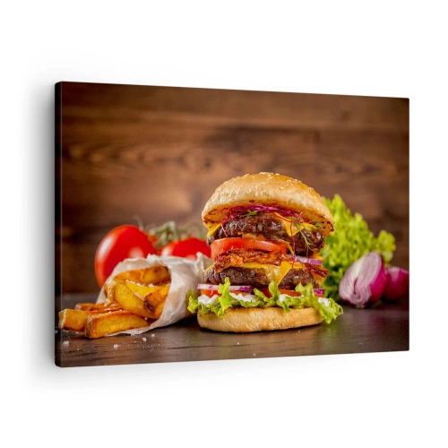 Lærredstryk - Billede på lærred - Lækker burger med ekstra tilbehør - 70x50cm - Forbudt frugt - Moderne vægdekoration til stue og soveværelse ARTTOR