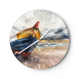 Vægur, Uret - En farverig båd på en sandstrand i malerisk stil - 30x30cm - Hvile på stranden - Moderne vægdekoration til stue, køkken og soveværelse ARTTOR