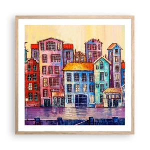 Plakat i ramme af lyst egetræ - En by som et eventyr - 60x60 cm