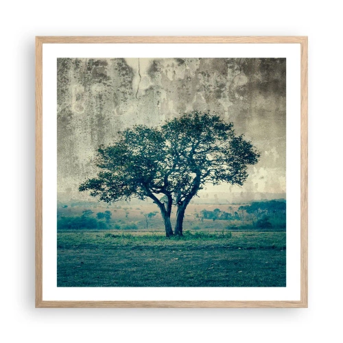 Plakat i ramme af lyst egetræ - Et æbletræ på en blå membran? - 60x60 cm