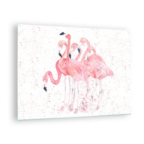 Billede på glas - Akvarel flamingoer på en lys baggrund med fine pletter - 70x50cm - Lyserød ansambl - Moderne vægdekoration til stue og soveværelse ARTTOR