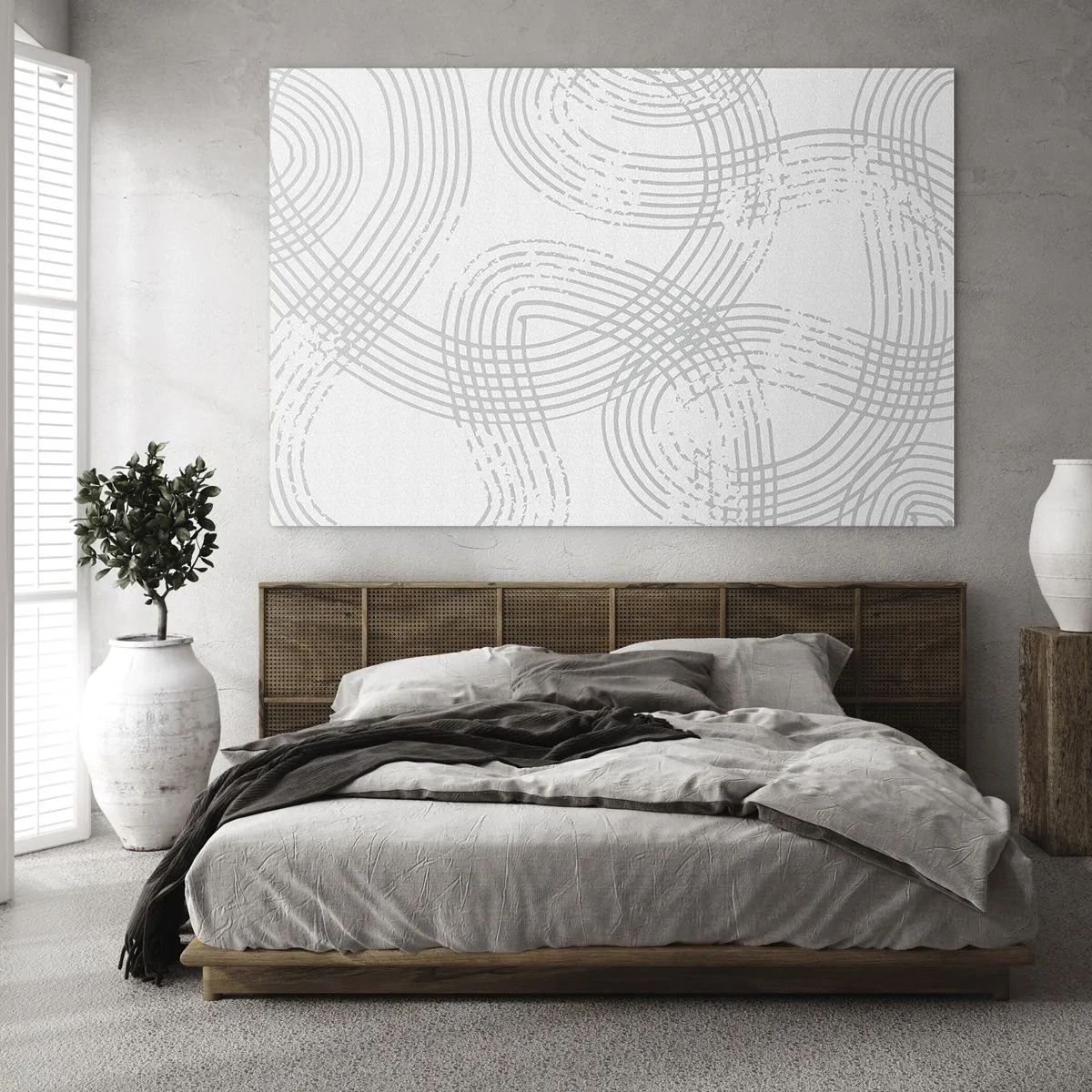 Billede på glas - Abstrakte buede linjer i grå nuancer på hvidt - 70x50cm - Der er ingen lige vej - Moderne vægdekoration til stue og soveværelse ARTTOR