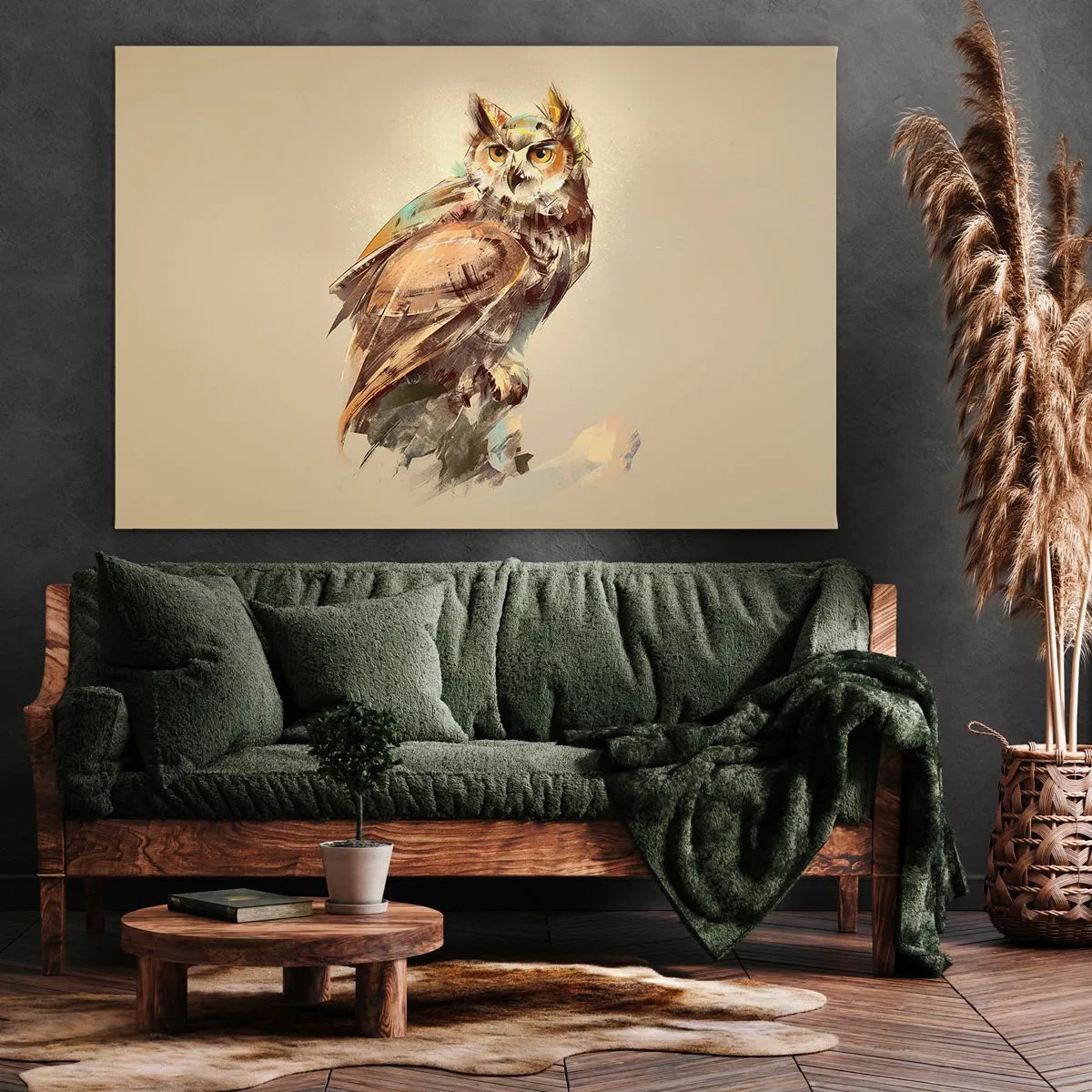Lærredstryk - Billede på lærred - Kunstnerisk portræt af en ugle mod en lys baggrund i varme nuancer. - 70x50cm - Den klogeste ugle - bekræfter egetræet - Moderne vægdekoration til stue og soveværelse ARTTOR