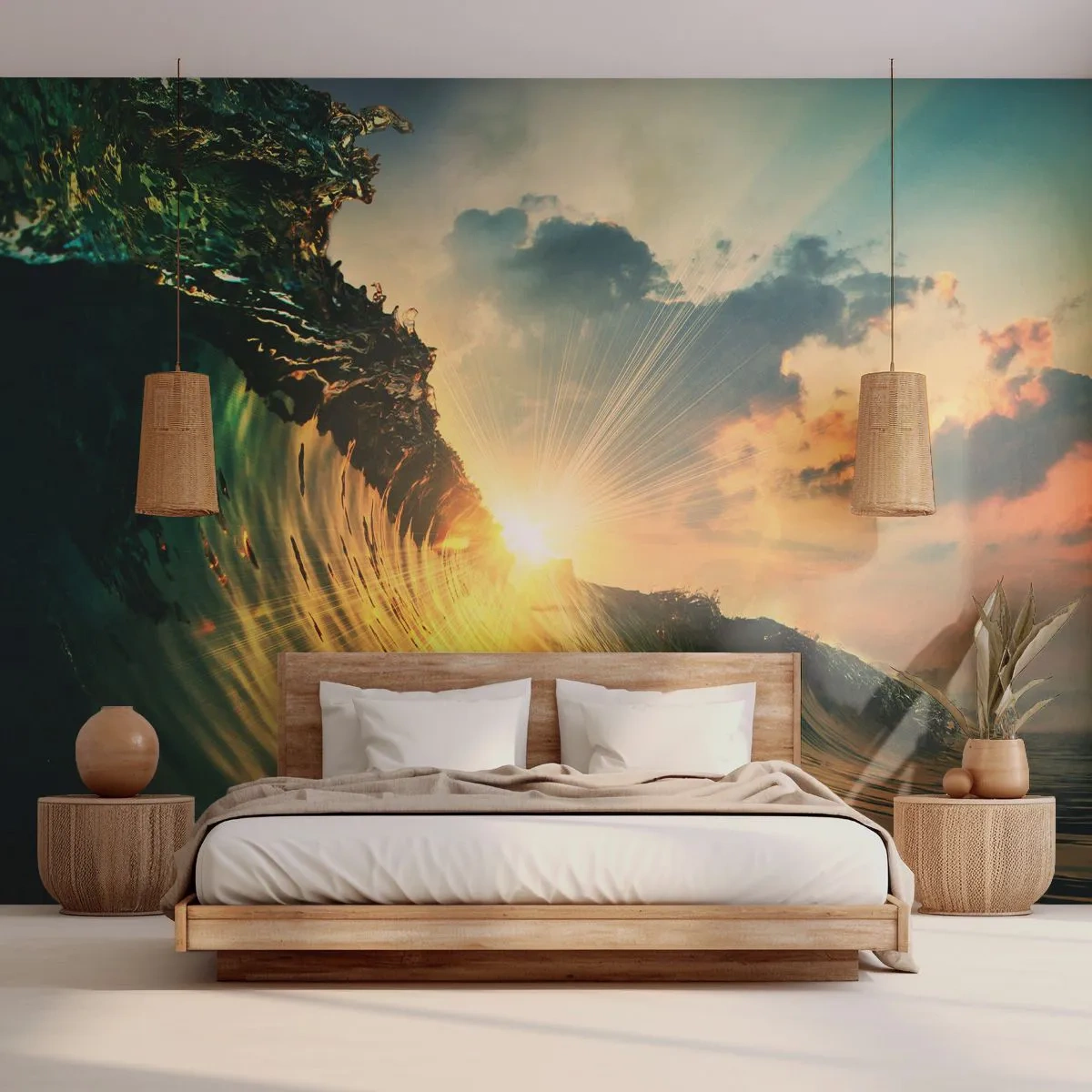 Fototapet Premium Sand - Surfer, hvor er du? - Havbølge, Solens stråler, Natur - 150x105 cm