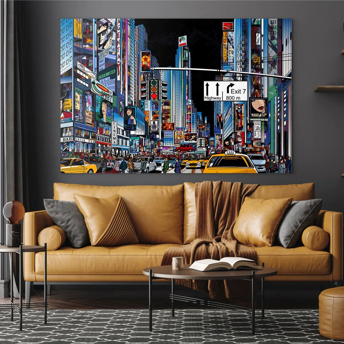 Billede på glas - En travl gade med gule taxaer og neonskilte - 70x50cm - En komisk stor aften - Moderne vægdekoration til stue og soveværelse ARTTOR