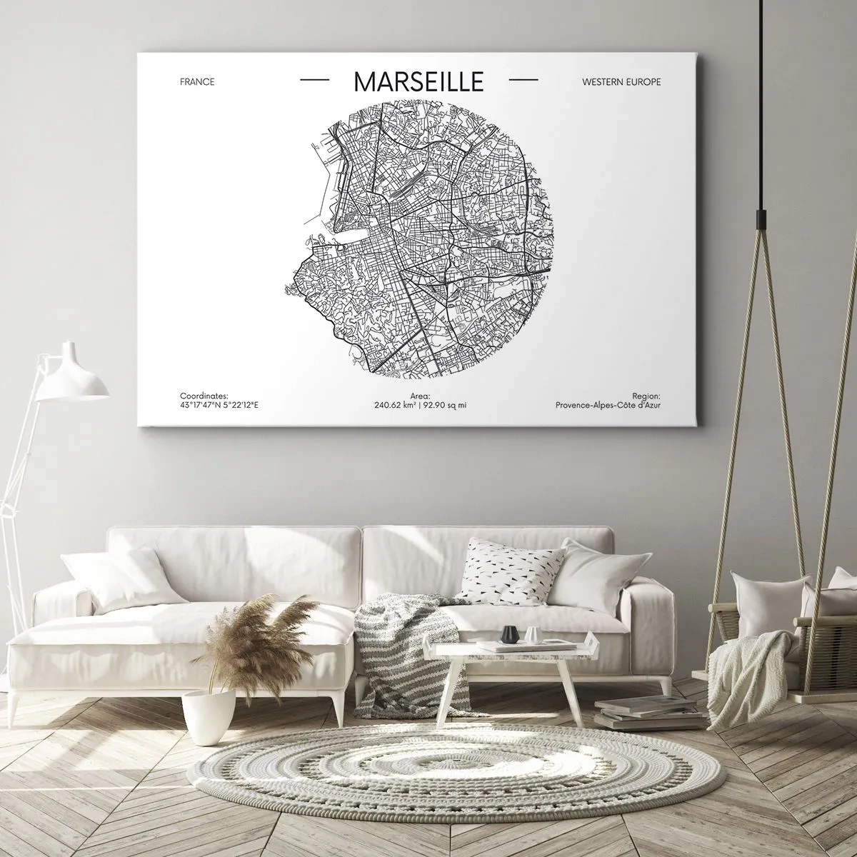 Lærredstryk - Billede på lærred - Kort over Marseille i minimalistisk stil - 70x50cm - Marseilles anatomi - Moderne vægdekoration til stue og soveværelse ARTTOR