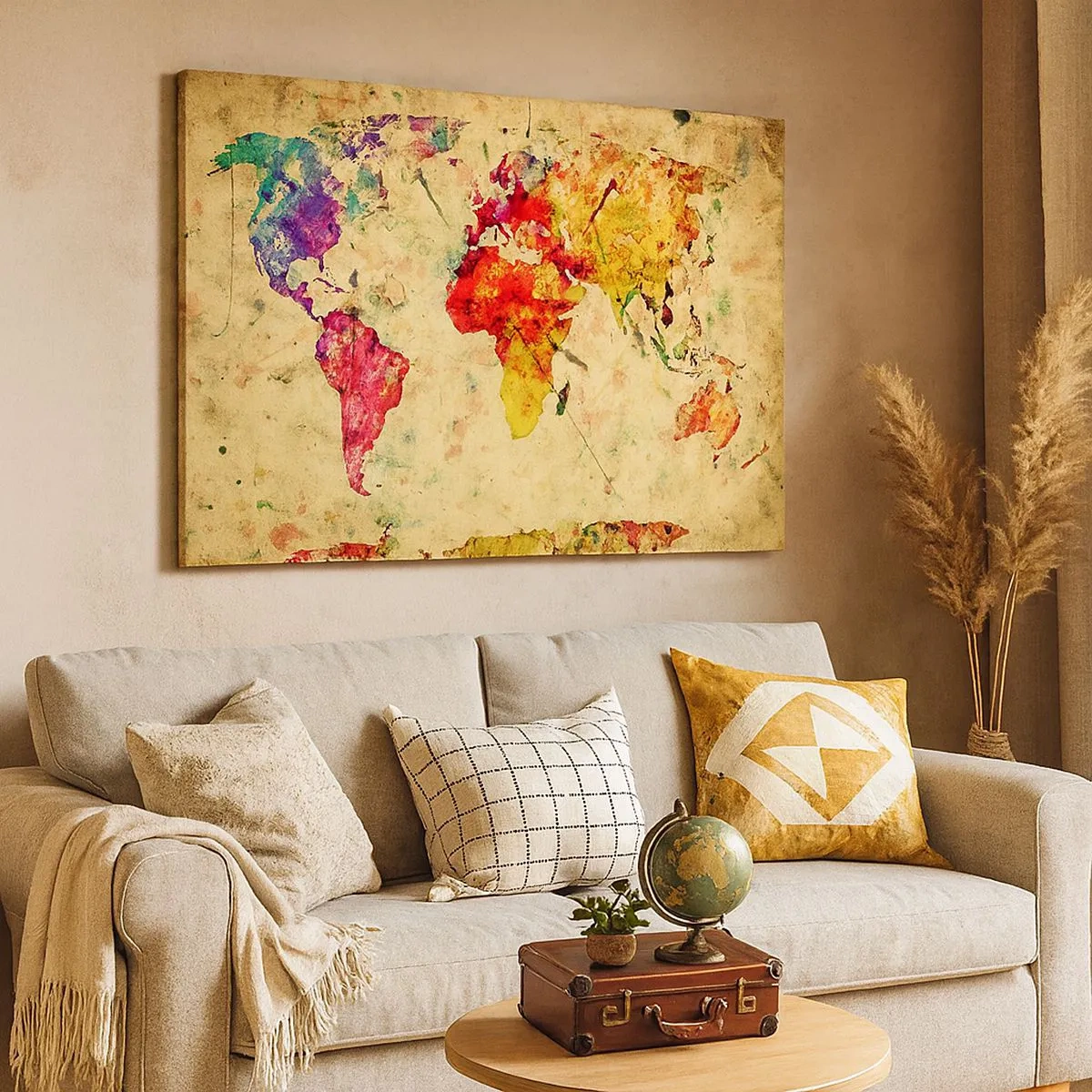 Lærredstryk - Billede på lærred - En farverig, kunstnerisk fortolkning af verdenskortet - 70x50cm - Livet som et farverigt papirkort - Moderne vægdekoration til stue og soveværelse ARTTOR