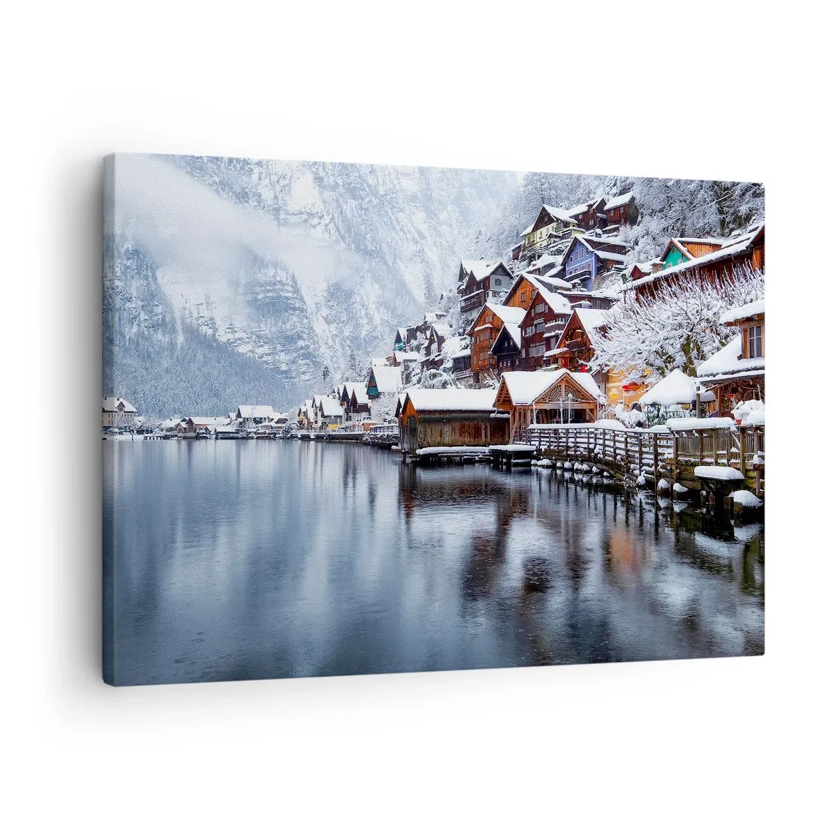 Lærredstryk - Billede på lærred - Vinterudsigt over en bjerglandsby ved søen - 70x50cm - I en vinterdekoration - Moderne vægdekoration til stue og soveværelse ARTTOR