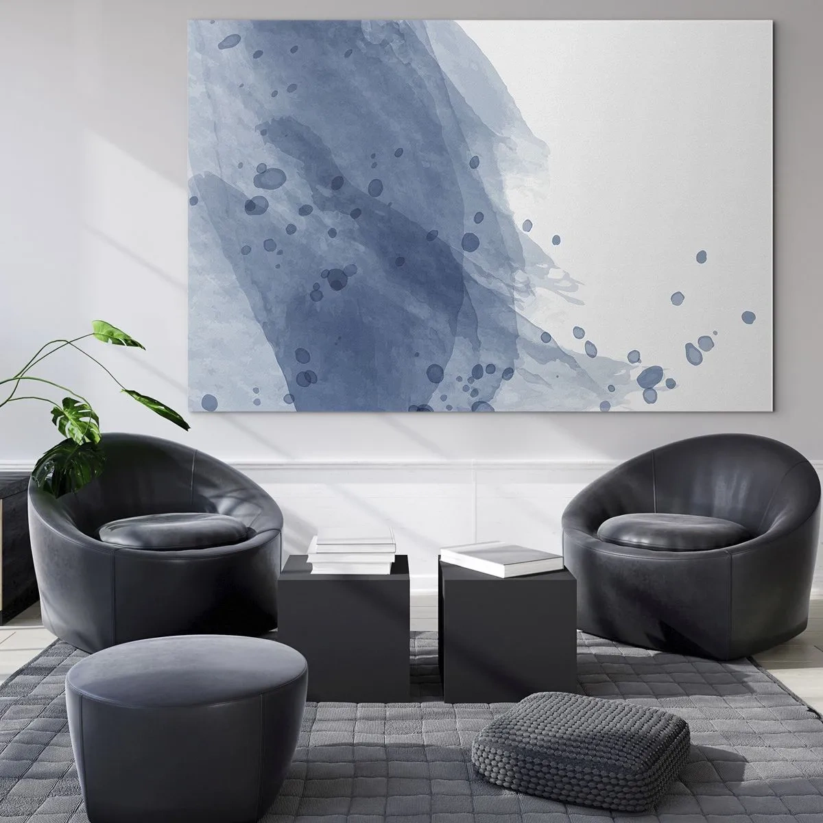 Billede på glas - Akvarelfarve i blå nuancer - 70x50cm - Blå tyl - Moderne vægdekoration til stue og soveværelse ARTTOR