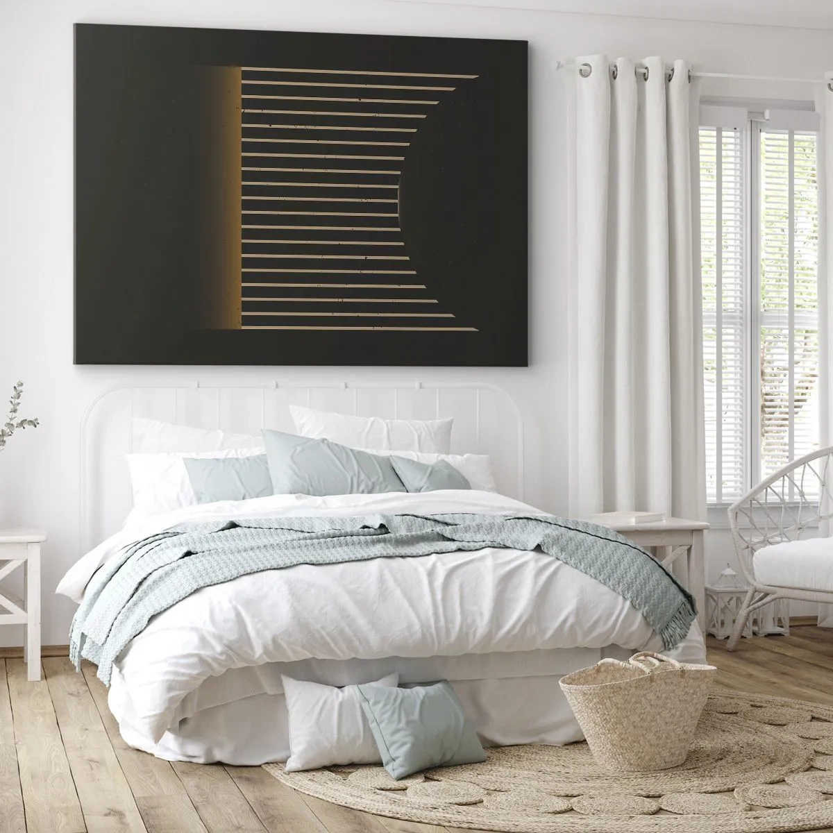 Lærredstryk - Billede på lærred - Geometrisk mønster med striber på en mørk baggrund - 70x50cm - Udforsk mørket - Moderne vægdekoration til stue og soveværelse ARTTOR