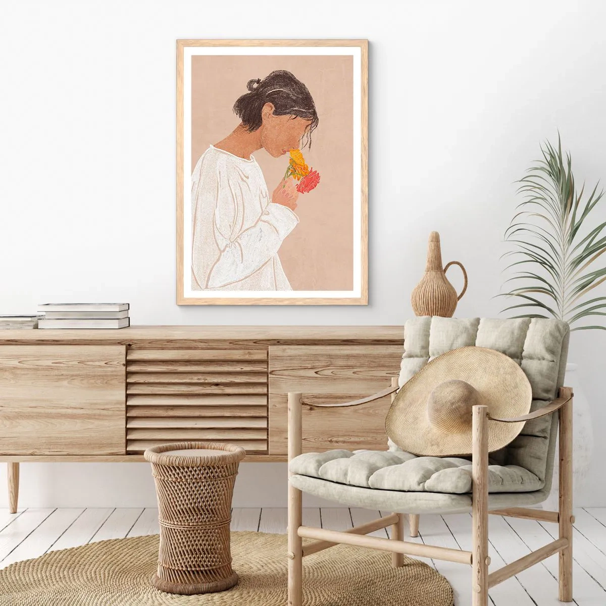 Plakat i ramme af lyst egetræ - Pige og blomster - 50x70 cm