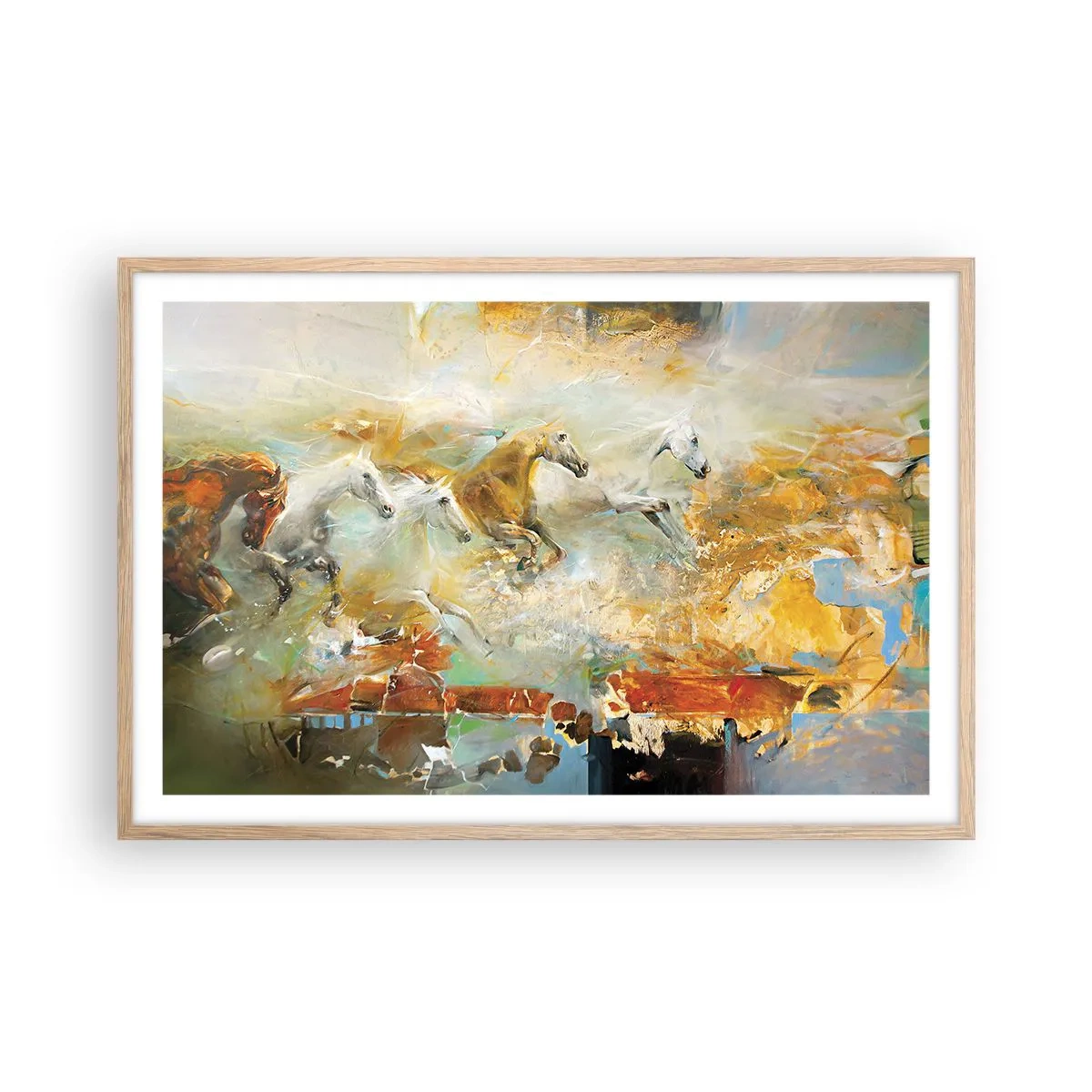 Plakat i ramme af lyst egetræ - Galopperer gennem lyset - 91x61 cm