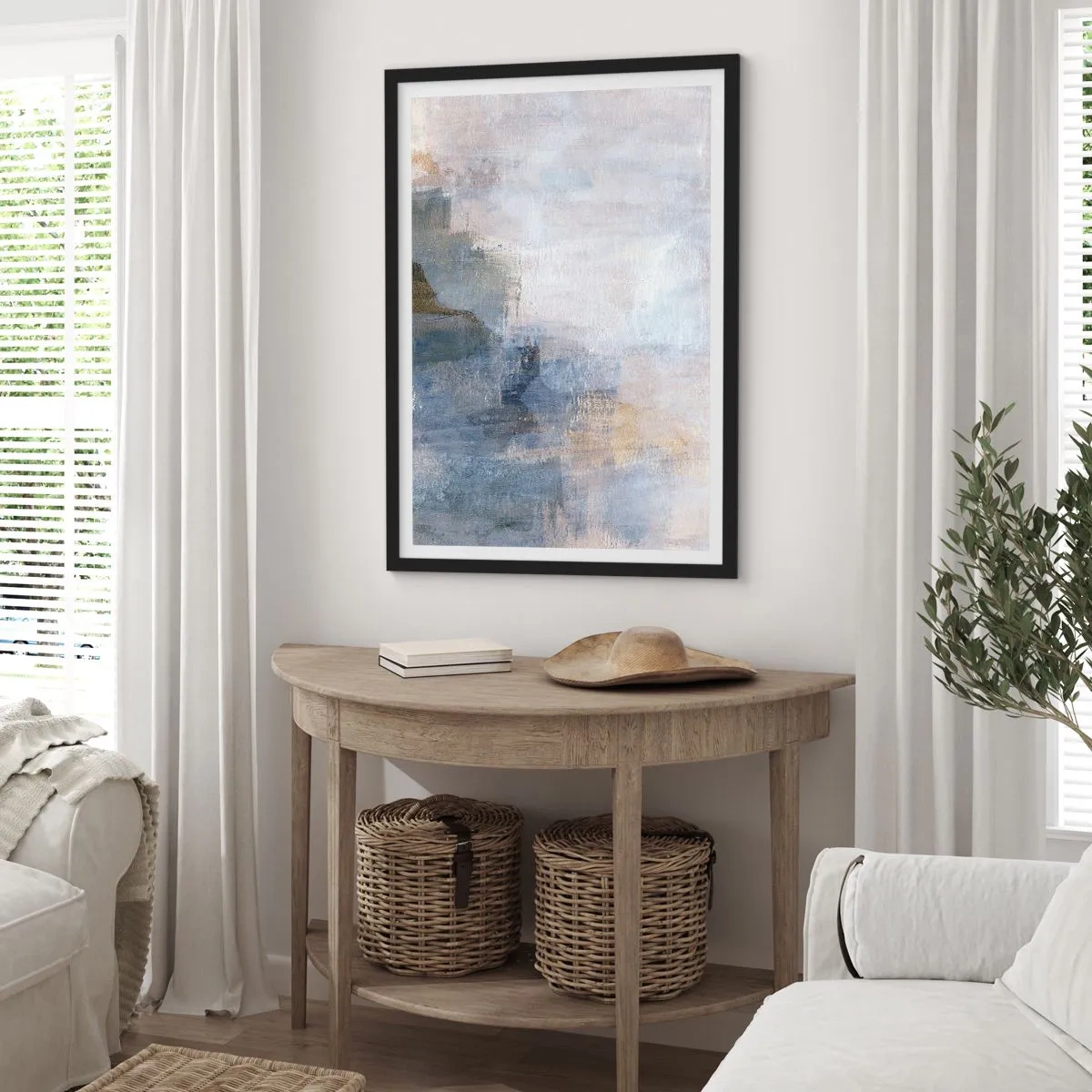 Plakat i sort ramme - Abstrakt komposition i blå og beige nuancer - 50x70cm - Farvetoner og akkorder - Moderne vægdekoration til stue og soveværelse ARTTOR