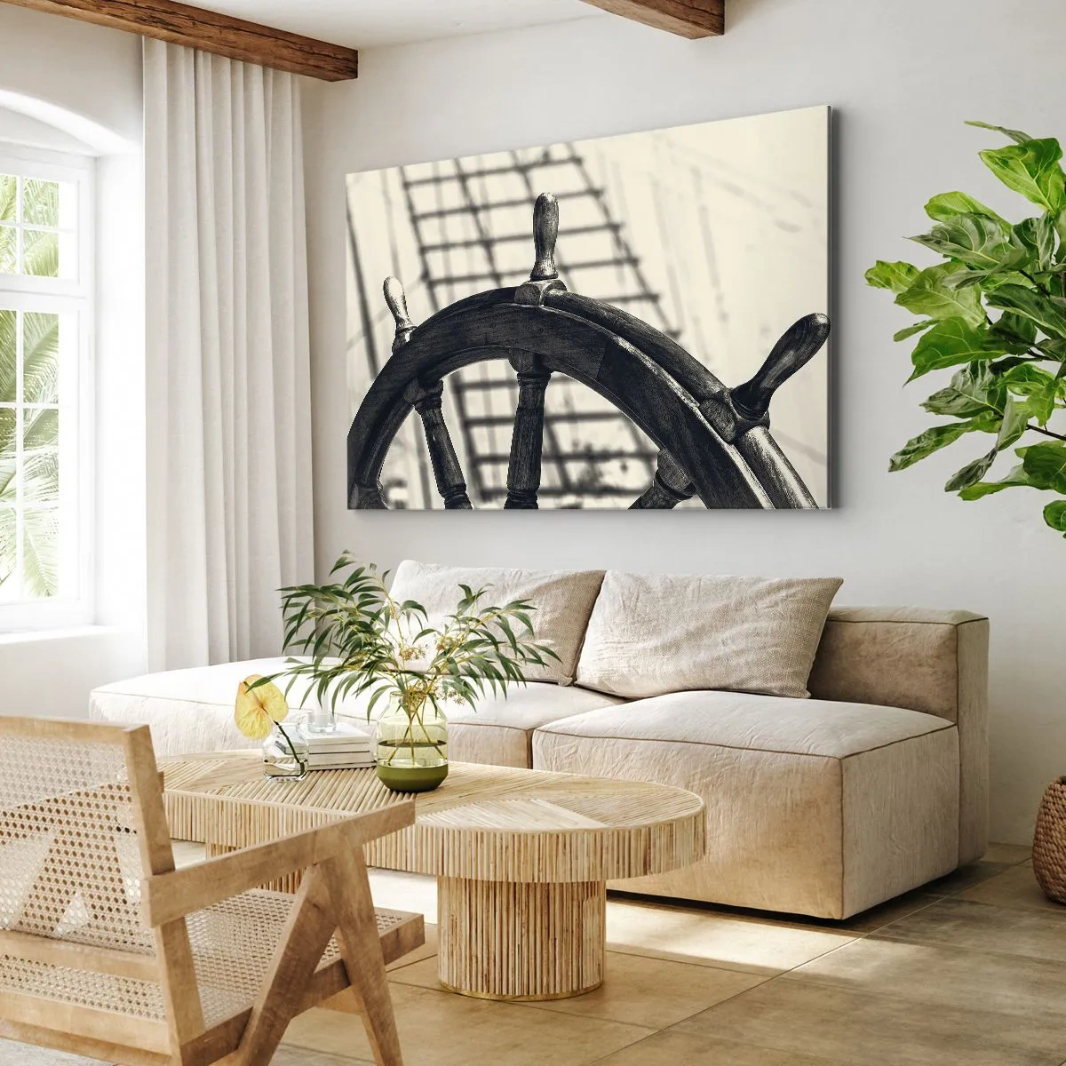 Lærredstryk - Billede på lærred - Et sejlror i retrostil med et skib i baggrunden - 70x50cm - Historier om havet - Moderne vægdekoration til stue og soveværelse ARTTOR