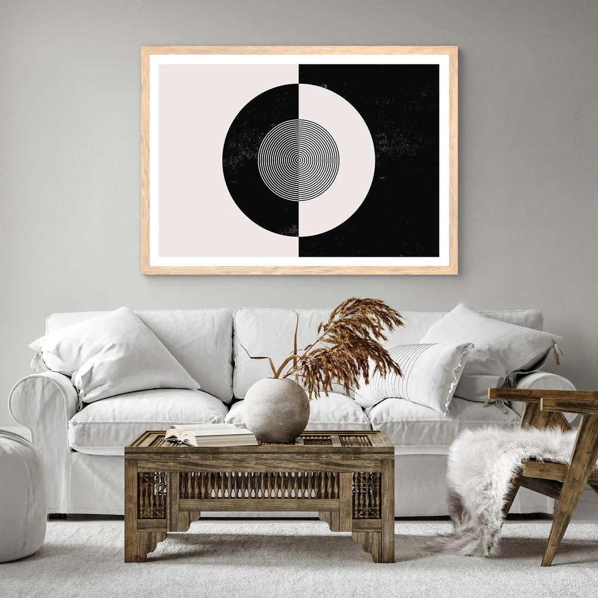 Plakat i ramme af lyst egetræ - Harmoni i sort og hvidt - 40x30 cm