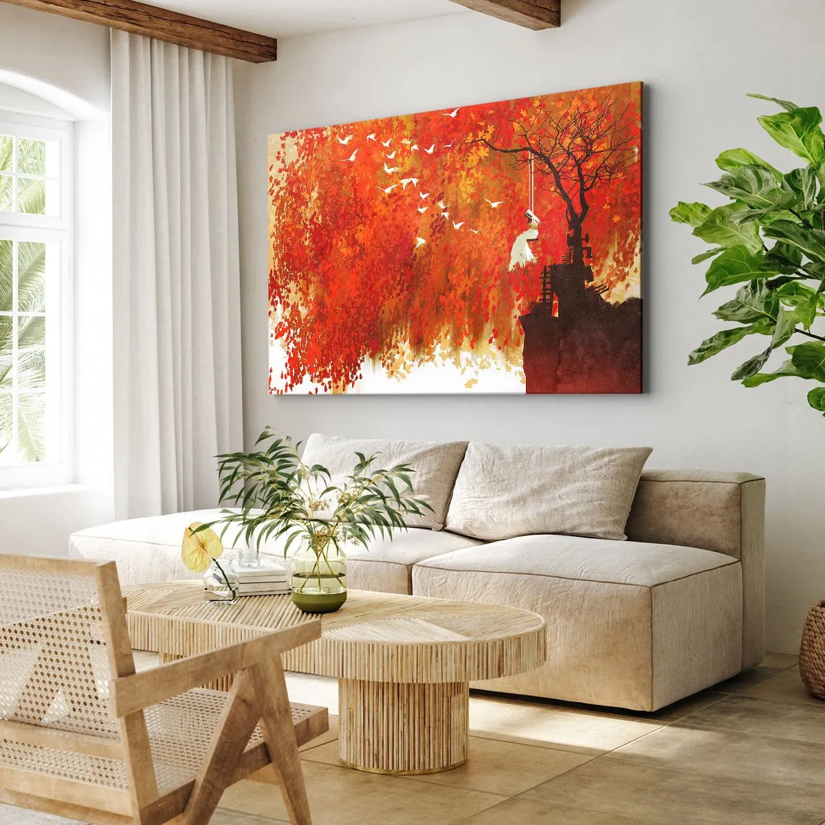 Lærredstryk - Billede på lærred - En figur på en gynge ved et træ omgivet af røde blade - 70x50cm - Vil han flyve med dem? - Moderne vægdekoration til stue og soveværelse ARTTOR