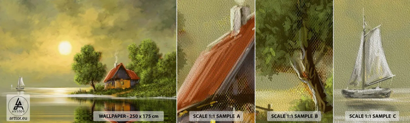 Prøve Fototapet Premium Sand - Smukt, som fra et billede - Landskab, Landehus, Sejlbåd - 100x30 cm