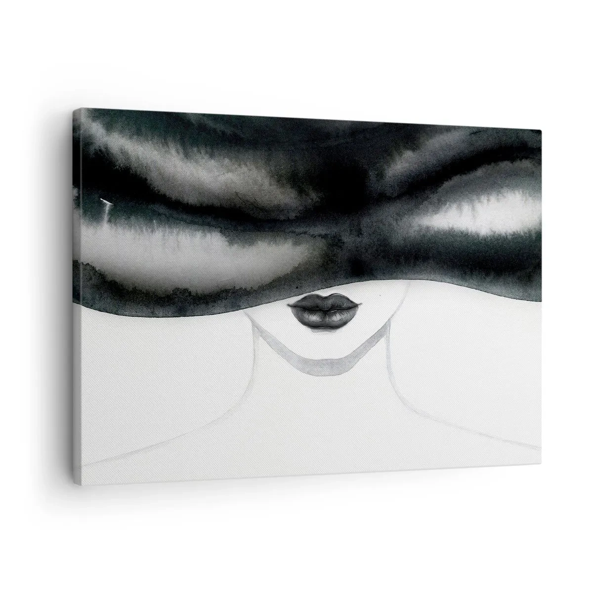 Lærredstryk - Billede på lærred - Et diskret portræt af en kvinde med ansigtet dækket i en monokrom stil. - 70x50cm - Et sensuelt mysterium - Moderne vægdekoration til stue og soveværelse ARTTOR