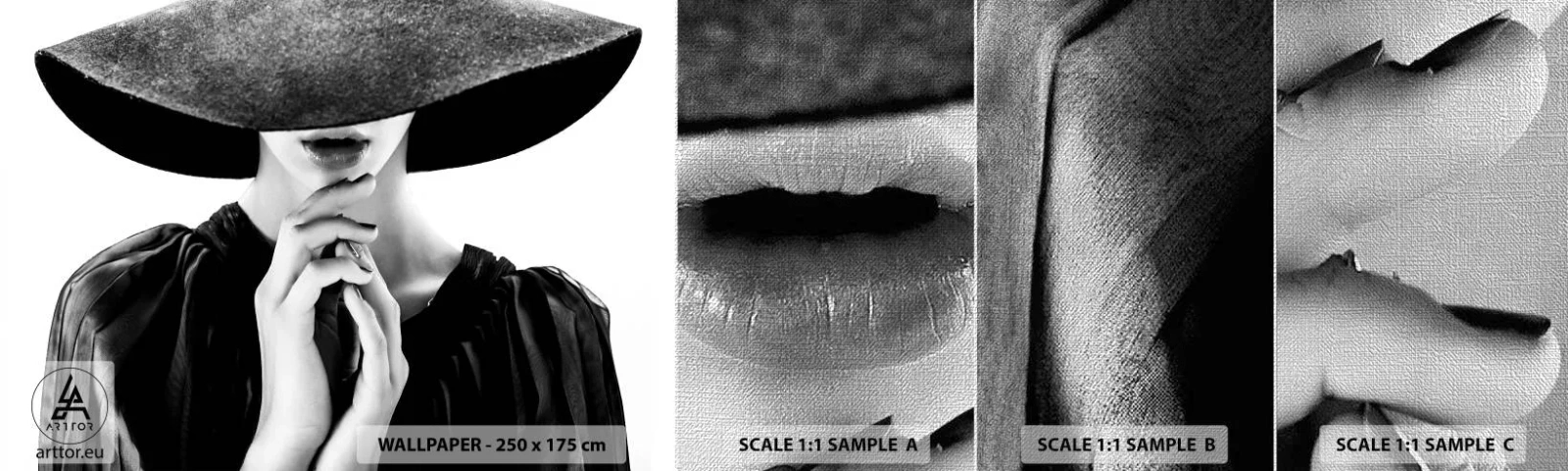 Prøve Fototapet Premium Canvas - Usynlig skønhed - Kvinde i en hat, Kvinders hænder, Mode - 100x30 cm