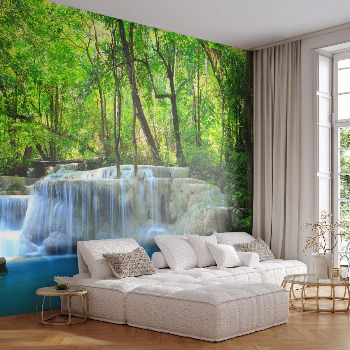 Fototapet Premium Sand - Drukner i turkis og grønt - Landskab, Vandfald, Kaskade - 100x70 cm